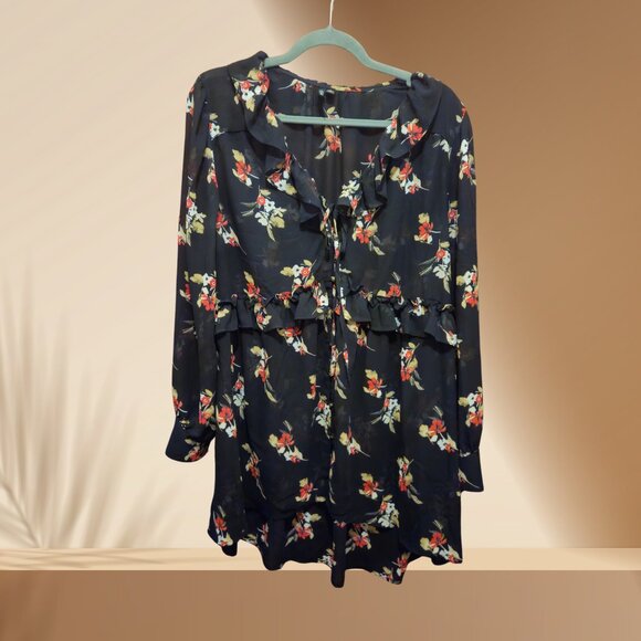 Versona Black Floral Ruffle Tunic Dress | Size L - Picture 1 of 5